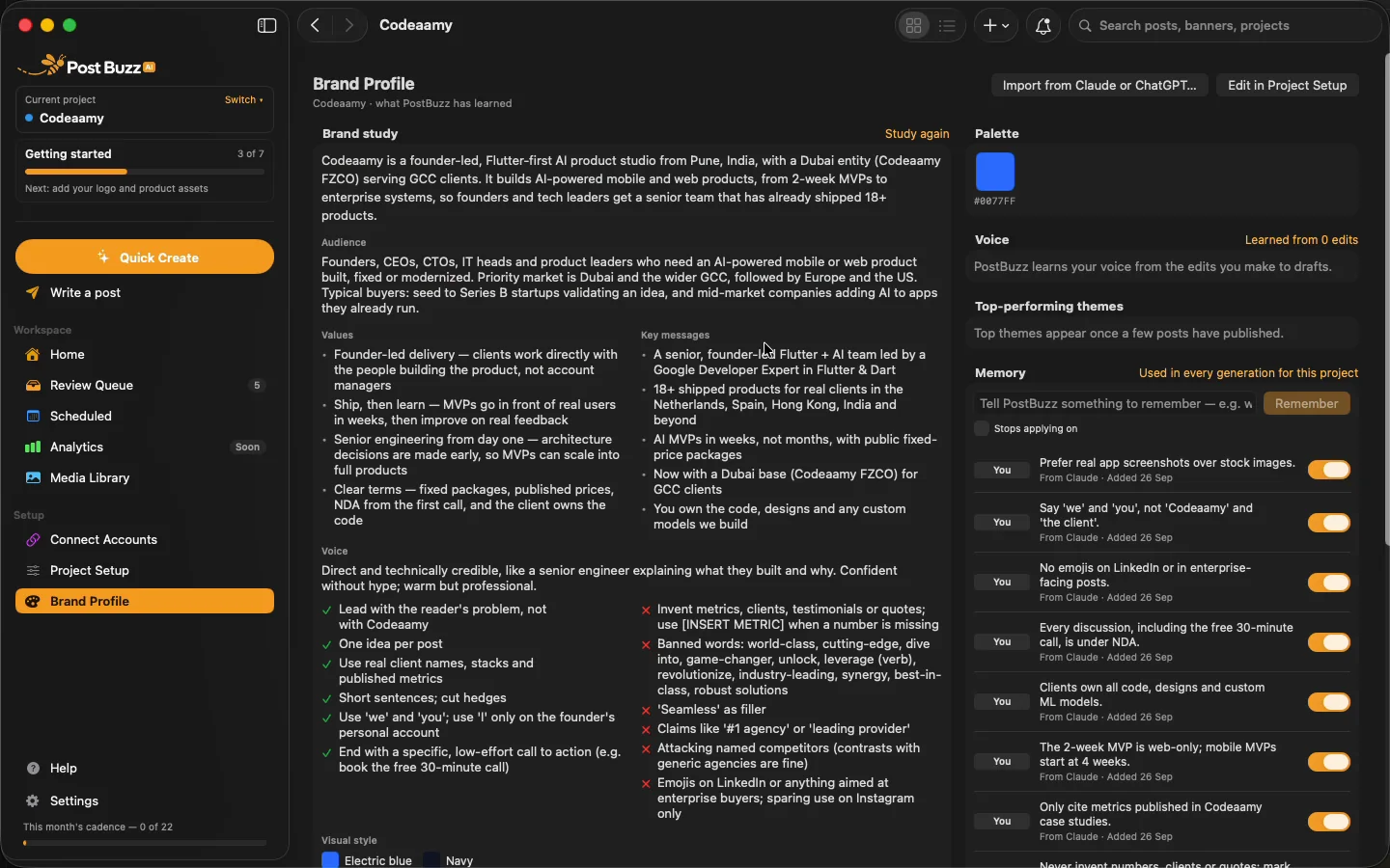 Brand Profile page listing what PostBuzz learned about a company