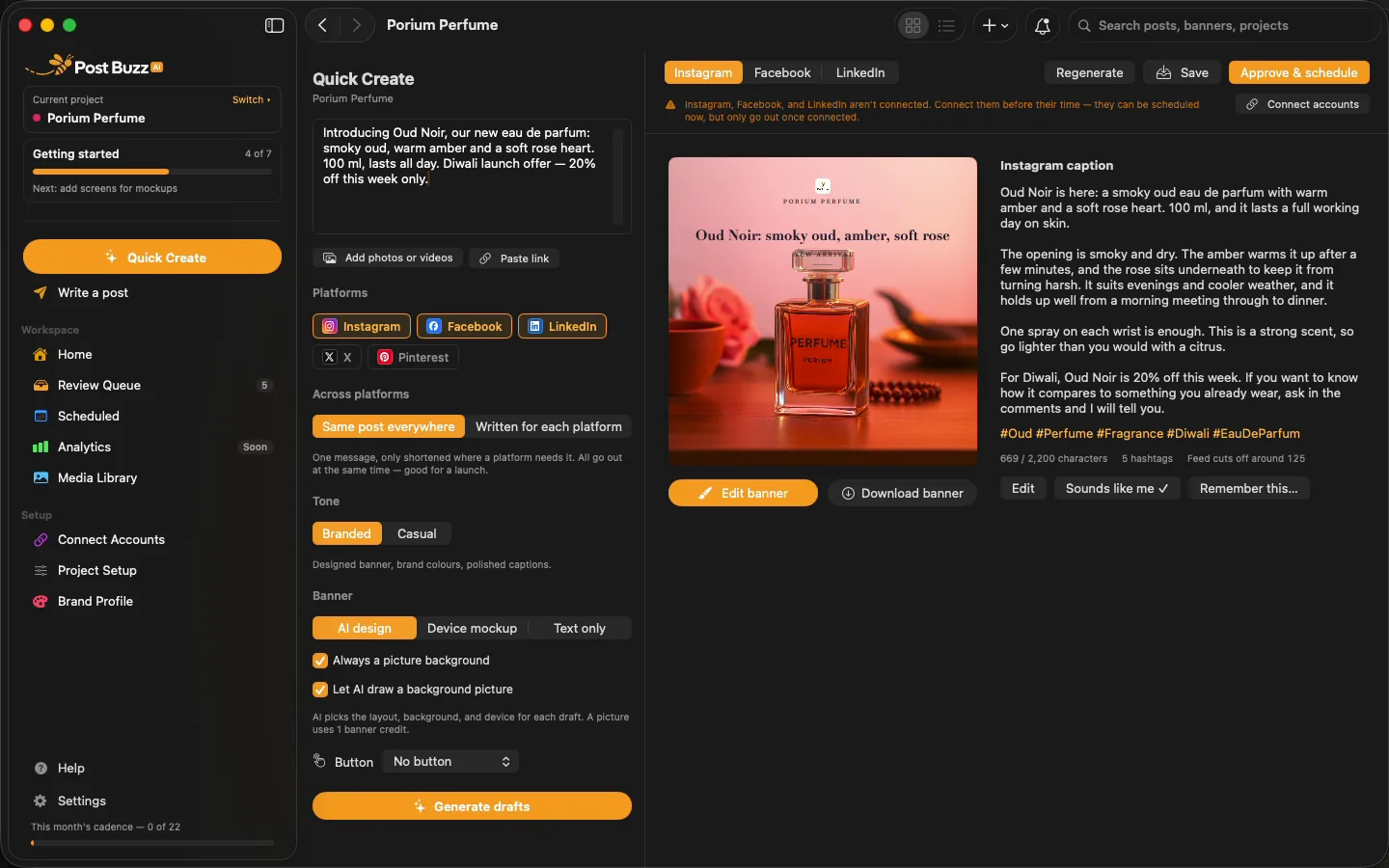Quick Create with an AI-designed Instagram banner and caption for Oud Noir perfume