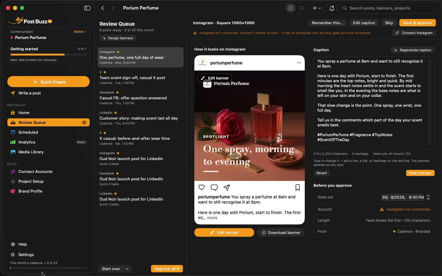 Review Queue with an Instagram post preview and caption