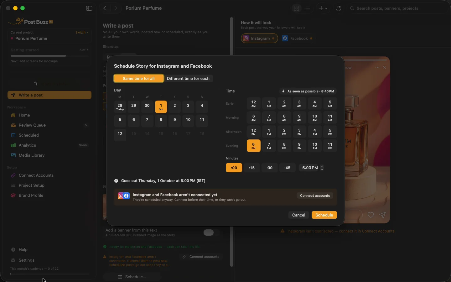 Schedule dialog for an Instagram and Facebook Story set for 6:00 PM