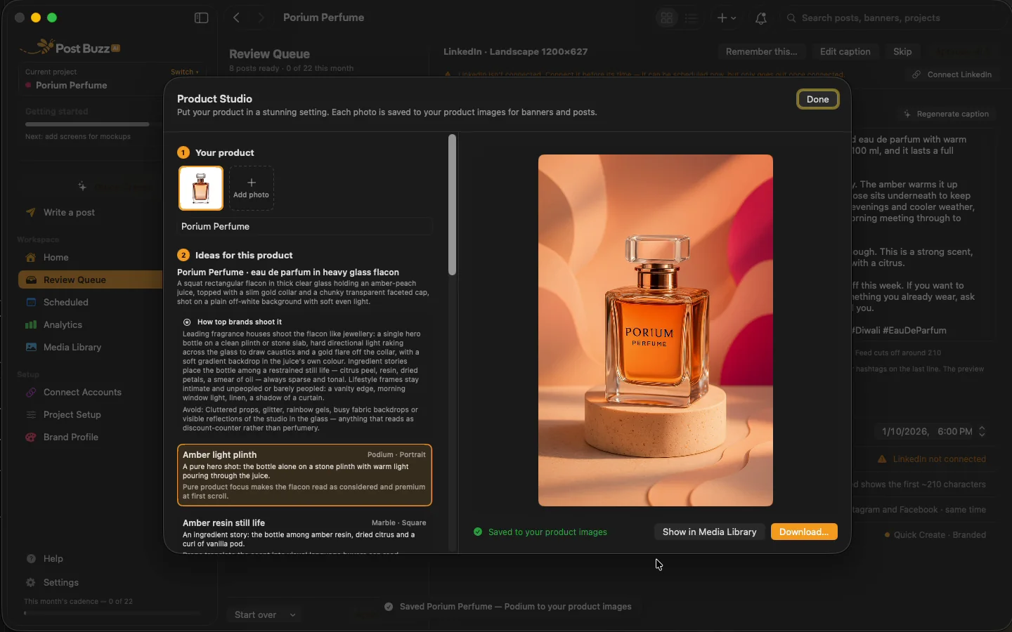 Product Studio showing a perfume bottle photographed on a stone podium